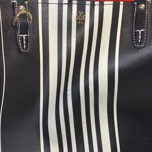 Tory Burch Black and White Striped Leather Tote with Gold Logo